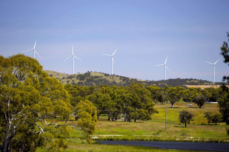 a forrested area with hills in the distance dotted by wind turbines